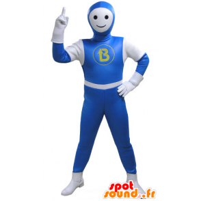 Snowman maskot klædt i en blå og hvid jumpsuit - Spotsound