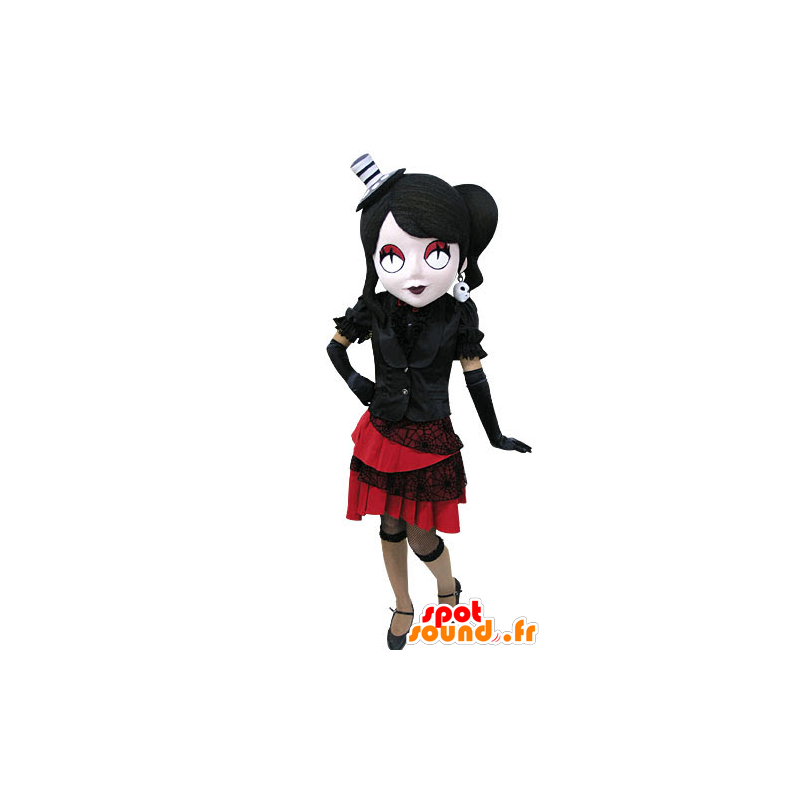 Gotisk kvindelig maskot klædt i sort og rød - Spotsound maskot
