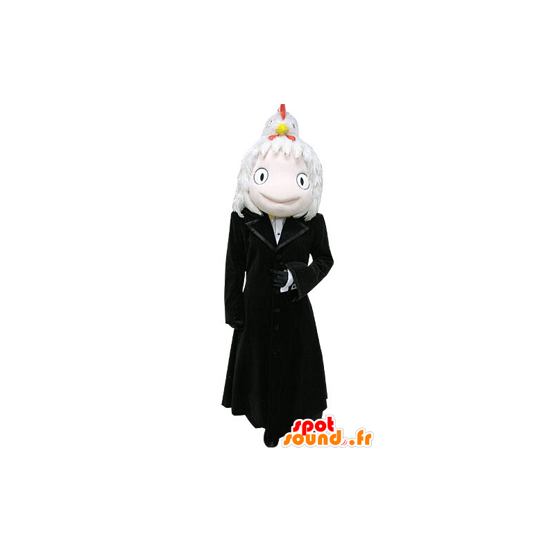 Schneemann-Maskottchen mit einem langen schwarzen Mantel lächelnd - MASFR031171 - Menschliche Maskottchen