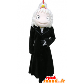 Schneemann-Maskottchen mit einem langen schwarzen Mantel lächelnd - MASFR031171 - Menschliche Maskottchen