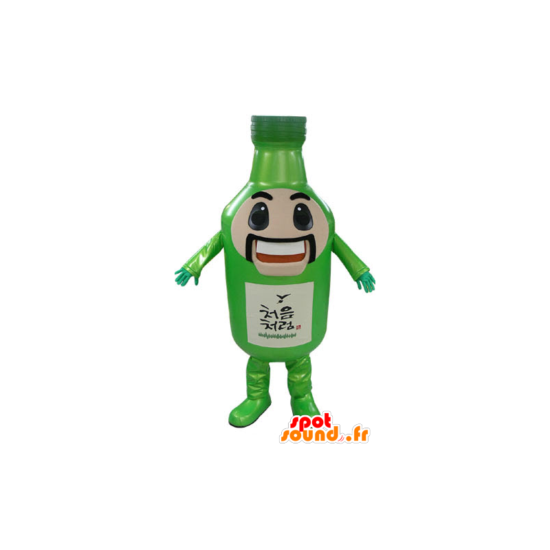 Grön flaskmaskot, jätte, mustasch och leende - Spotsound maskot
