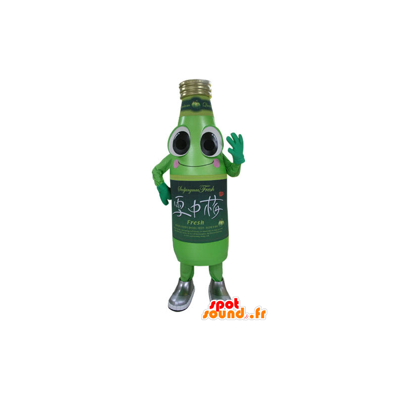 Grön läskflaskmaskot, leende och rolig - Spotsound maskot
