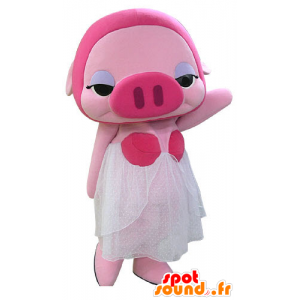 Rosa Schwein-Maskottchen mit einem weißen Kleid maskiert - MASFR031179 - Maskottchen Schwein