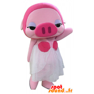 Mascotte de cochon rose maquillée avec une robe blanche - MASFR031179 - Mascottes Cochon