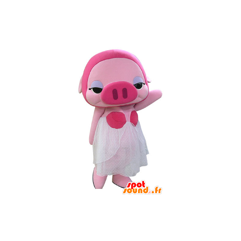 Mascotte de cochon rose maquillée avec une robe blanche - MASFR031179 - Mascottes Cochon