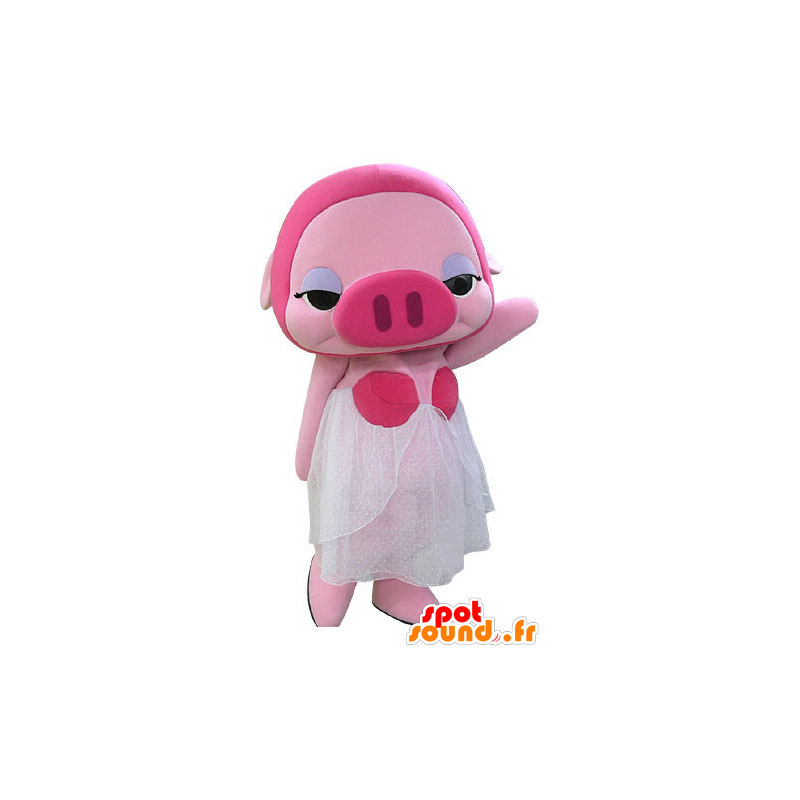 Vaaleanpunainen sika maskotti naamioitu kanssa valkoinen mekko - MASFR031179 - sika Maskotteja
