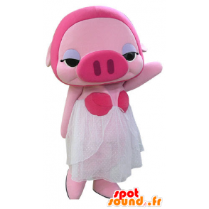 Mascotte de cochon rose maquillée avec une robe blanche - MASFR031179 - Mascottes Cochon