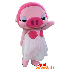 Pink pig mascot masked with a white dress - MASFR031179 - Mascots pig