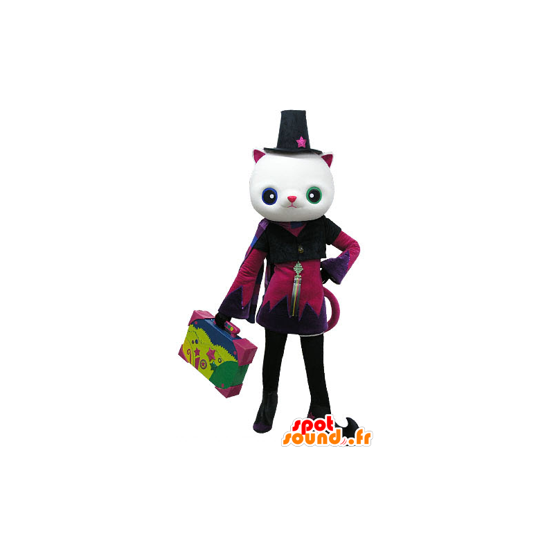 White cat mascot with colored eyes and a nice suit - MASFR031180 - Cat mascots