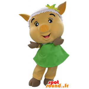 Geel varken mascotte met een groene jurk - MASFR031191 - Pig Mascottes