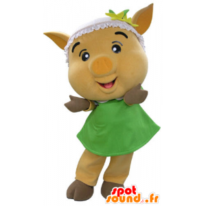 Mascote porco amarelo com um vestido verde - MASFR031191 - mascotes porco