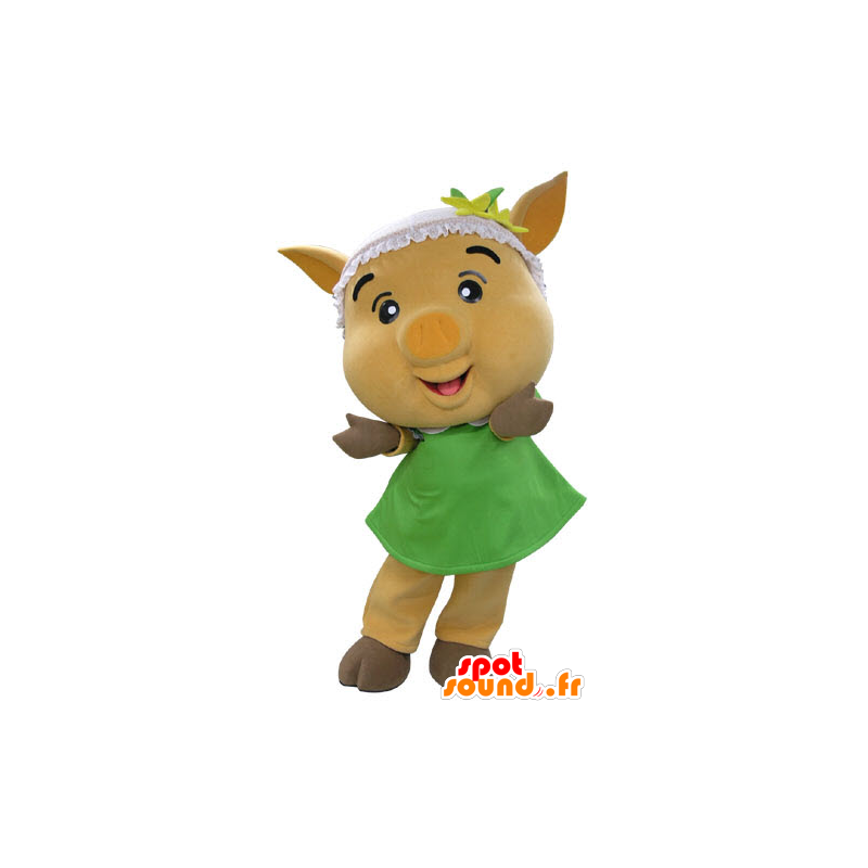 Yellow pig mascot with a green dress - MASFR031191 - Mascots pig