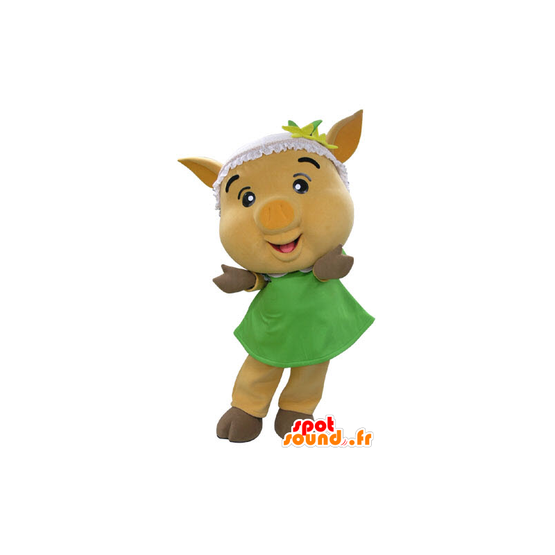 Gul gris maskot med en grønn kjole - MASFR031191 - Pig Maskoter