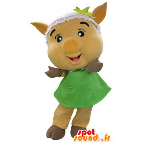 Yellow pig mascot with a green dress - MASFR031191 - Mascots pig