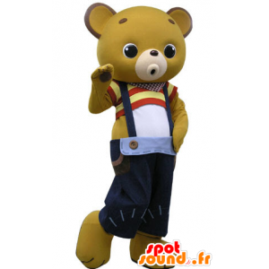 Yellow teddy mascot, with a Bib Pants - MASFR031198 - Bear mascot