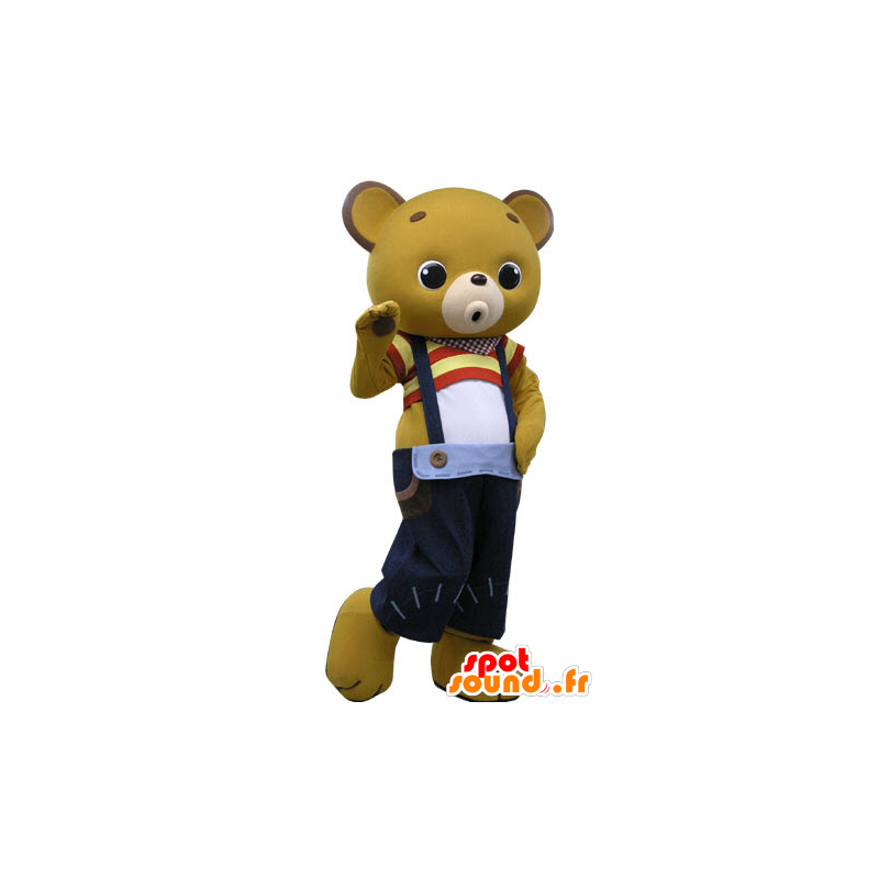 Mascotte de nounours jaune, avec un pantalon à bretelles - MASFR031198 - Mascotte d'ours