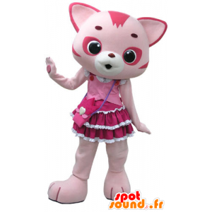 Mascote gato cor de rosa e branco, com um vestido bonito - MASFR031199 - Mascotes gato