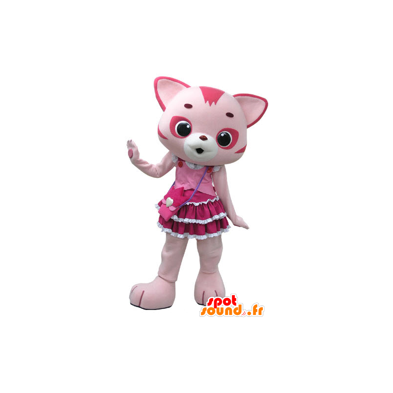 Rosa und weiße Katze Maskottchen, mit einem hübschen Kleid - MASFR031199 - Katze-Maskottchen