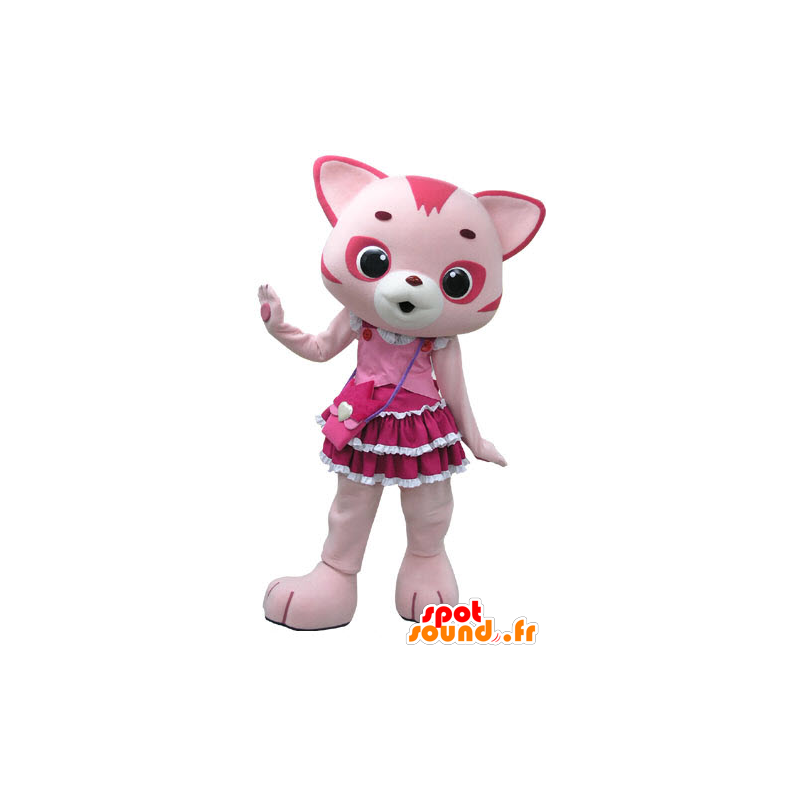 Ροζ και λευκό μασκότ γάτα, με ένα όμορφο φόρεμα - MASFR031199 - Γάτα Μασκότ