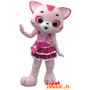 Mascotte de chat rose et blanc, avec une jolie robe - MASFR031199 - Mascottes de chat