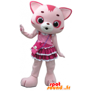 Rosa e bianco mascotte gatto, con un bel vestito - MASFR031199 - Mascotte gatto