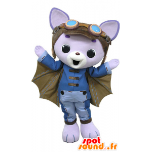 Lila Katze Maskottchen, mit Flügeln und einem Pilotenhelm - MASFR031200 - Katze-Maskottchen