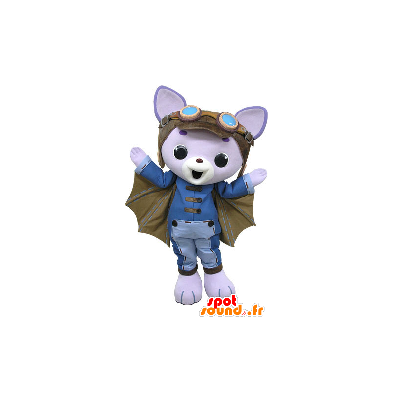 Mascotte de chat violet, avec des ailes et un casque de pilote - MASFR031200 - Mascottes de chat