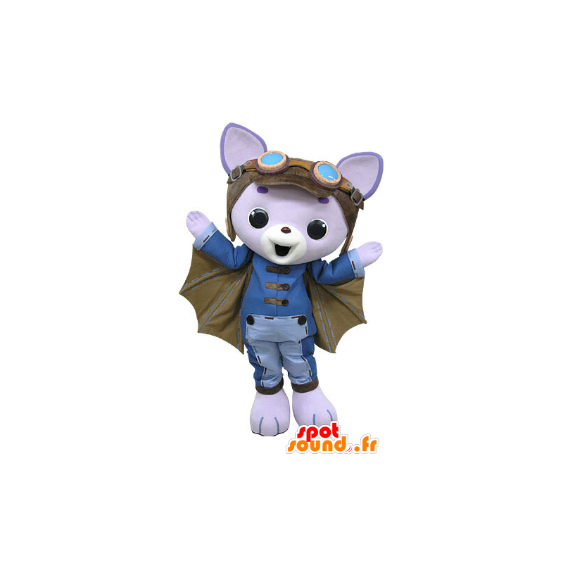 Mascote gato roxo, com asas e capacete de piloto - MASFR031200 - Mascotes gato