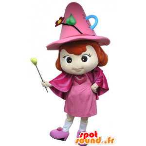 Mascot rosa Fee, mit einem Hut und Zauberstab - MASFR031213 - Maskottchen-Fee