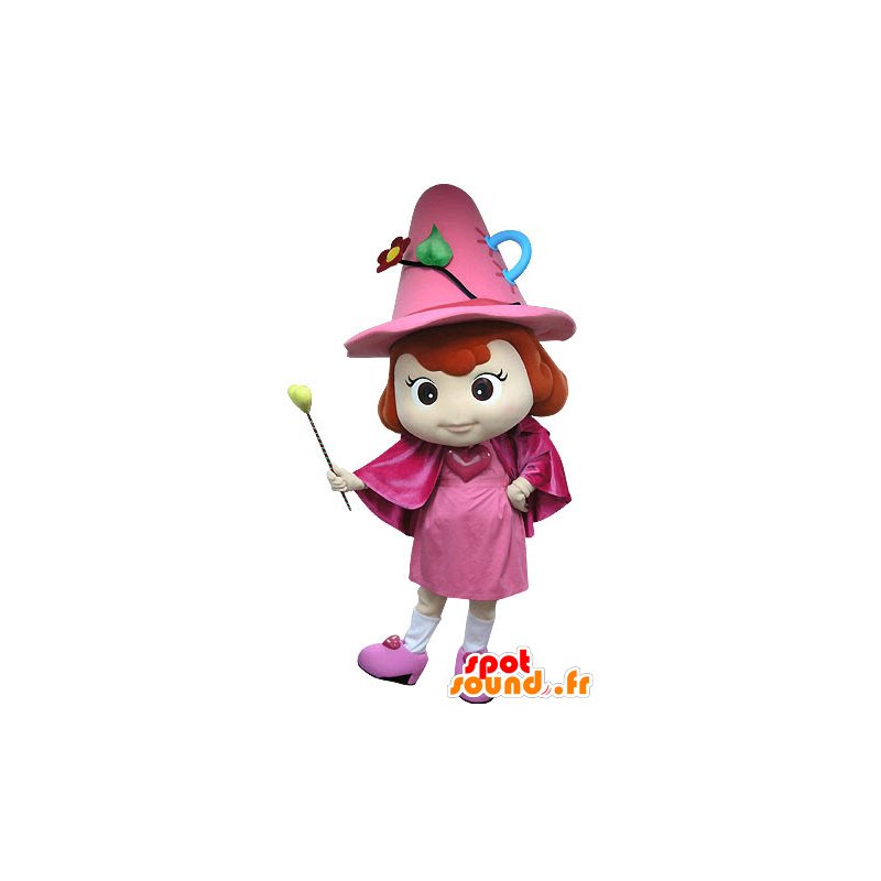 Rosa fe maskot, med hatt och trollstav - Spotsound maskot