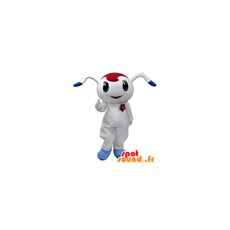 Weiße und blaue Kaninchen-Maskottchen mit roten Bohrmaschine - MASFR031219 - Hase Maskottchen