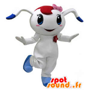 Mascotte de lapin blanc et bleu avec un nœud rose sur la tête - MASFR031220 - Mascotte de lapins
