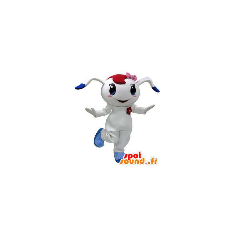 Mascote coelho branco e azul com um laço rosa na cabeça - MASFR031220 - coelhos mascote