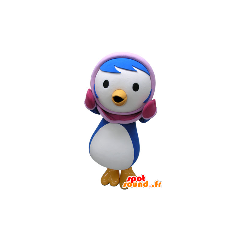 Blu e bianco pinguino mascotte con un cappuccio rosa - MASFR031225 - Mascotte pinguino