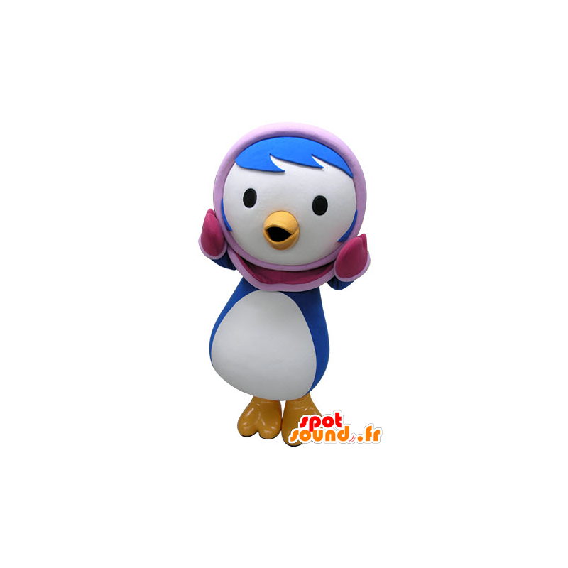 Blue and white penguin mascot with a pink hood - MASFR031225 - Penguin mascots