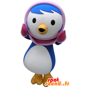 Blu e bianco pinguino mascotte con un cappuccio rosa - MASFR031225 - Mascotte pinguino