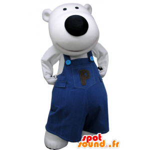 Mascotte d'ours blanc, habillé d'une salopette bleue - MASFR031226 - Mascotte d'ours