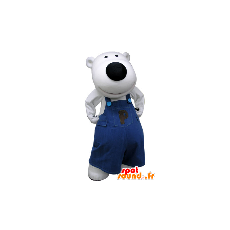 Mascotte d'ours blanc, habillé d'une salopette bleue - MASFR031226 - Mascotte d'ours