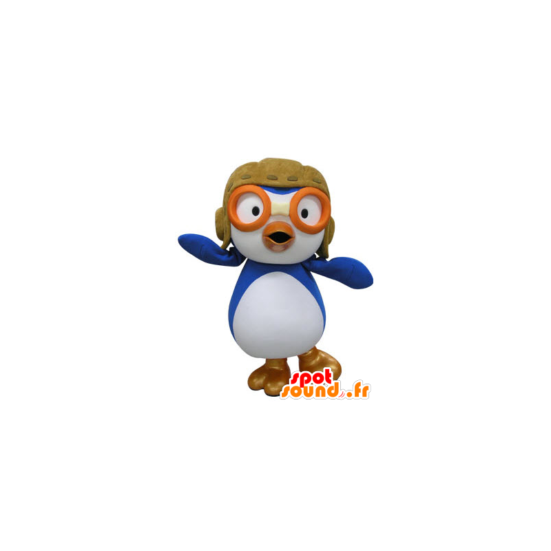 Mascotte d'oiseau bleu et blanc, en tenue d'aviateur - MASFR031228 - Mascotte d'oiseaux