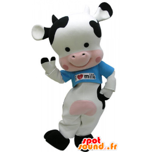 Mascotte de vache noire, blanche et rose avec un t-shirt bleu - MASFR031232 - Mascottes Vache
