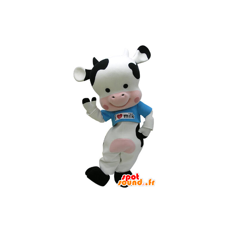 Mascotte de vache noire, blanche et rose avec un t-shirt bleu - MASFR031232 - Mascottes Vache