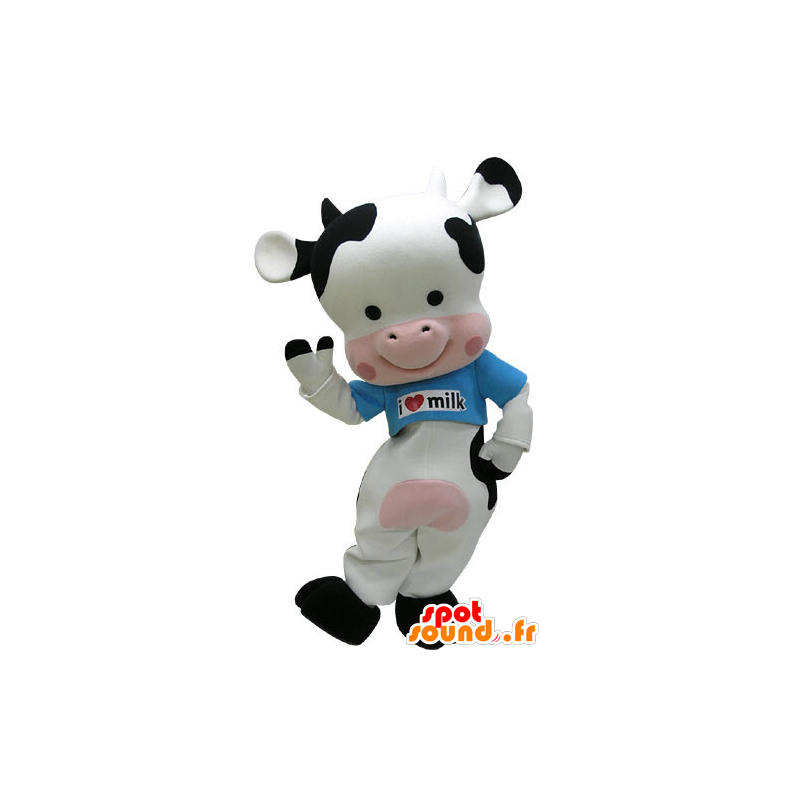 Mucca mascotte nero, rosa e nero con una camicia blu - MASFR031232 - Mucca mascotte