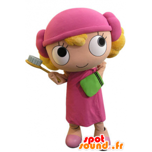 Maskot blond pige klædt i lyserød - Spotsound maskot kostume