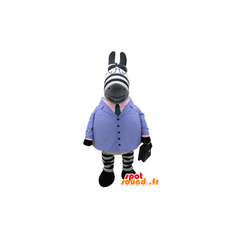 Zebra-Maskottchen in einem blauen Anzug mit Krawatte gekleidet - MASFR031250 - Die Dschungel-Tiere