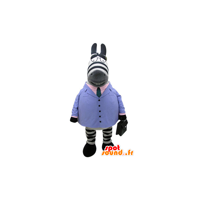 Zebra mascot dressed in a blue suit with a tie - MASFR031250 - The jungle animals