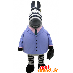 Zebra mascot dressed in a blue suit with a tie - MASFR031250 - The jungle animals