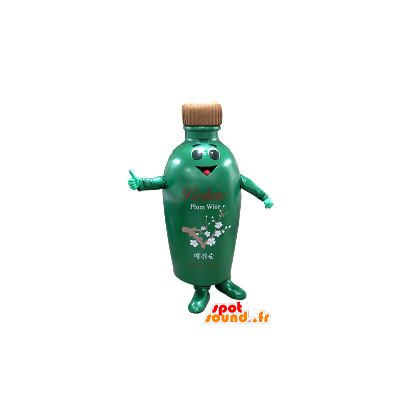 Grön och brun flaskmaskot som ler - Spotsound maskot