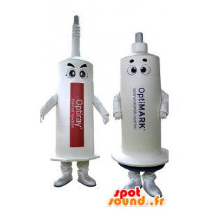 2 maskotar med vita sprutor. 2 sprutor - Spotsound maskot