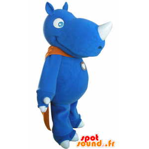 Blå noshörningsmaskot med en orange cape - Spotsound maskot