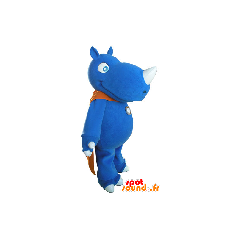 Mascotte de rhinocéros bleu avec une cape orange - MASFR031270 - Animaux de la jungle